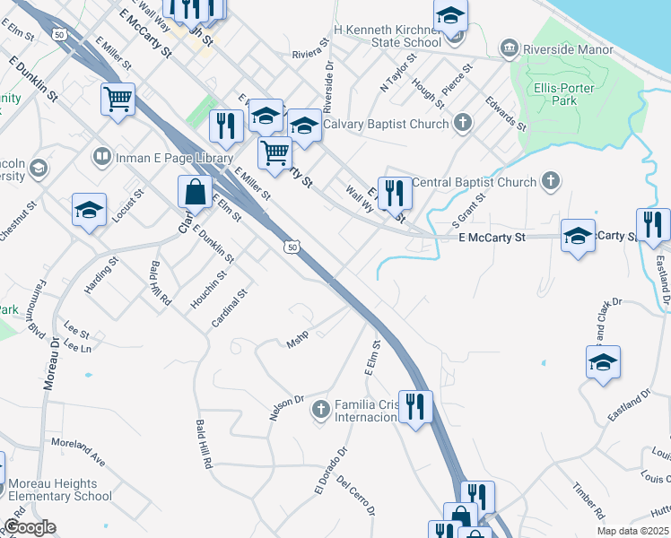 map of restaurants, bars, coffee shops, grocery stores, and more near 1428 East Miller Street in Jefferson City