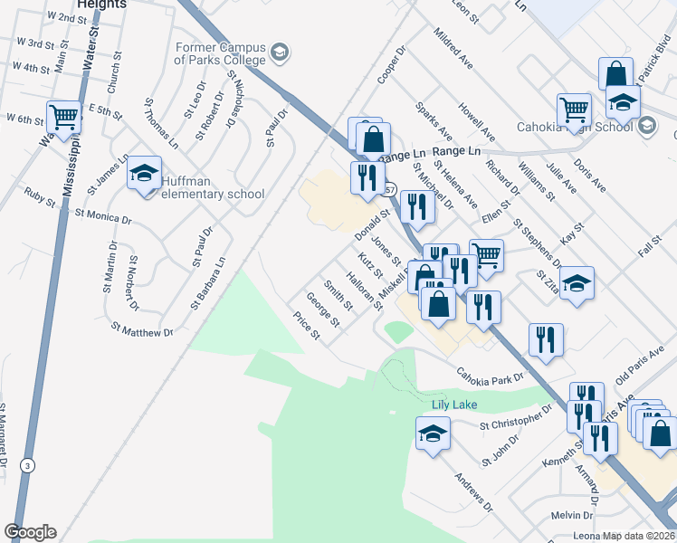 map of restaurants, bars, coffee shops, grocery stores, and more near 1150 Halloran Street in Cahokia