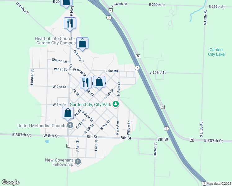 map of restaurants, bars, coffee shops, grocery stores, and more near 504 Old Highway 7 in Garden City