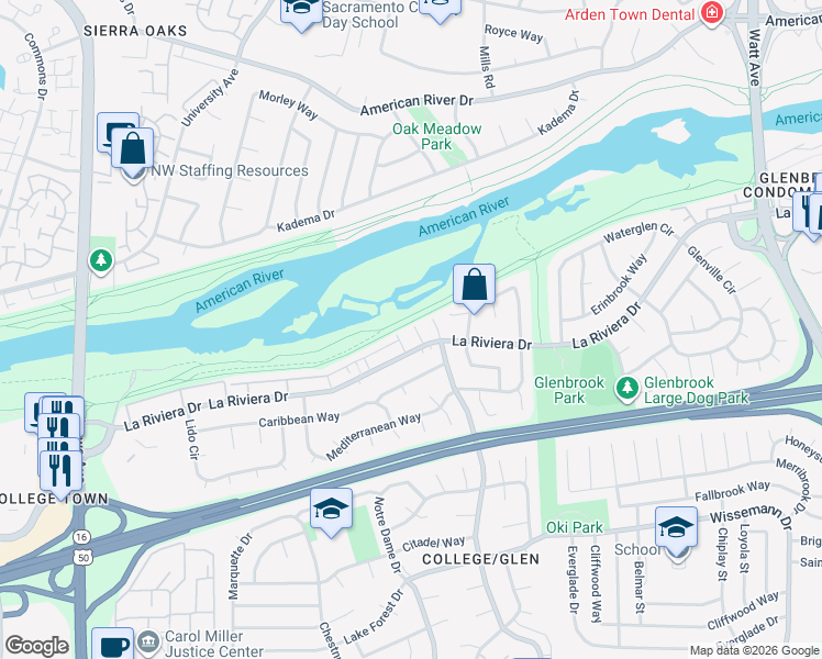 map of restaurants, bars, coffee shops, grocery stores, and more near 8379 La Riviera Drive in Sacramento