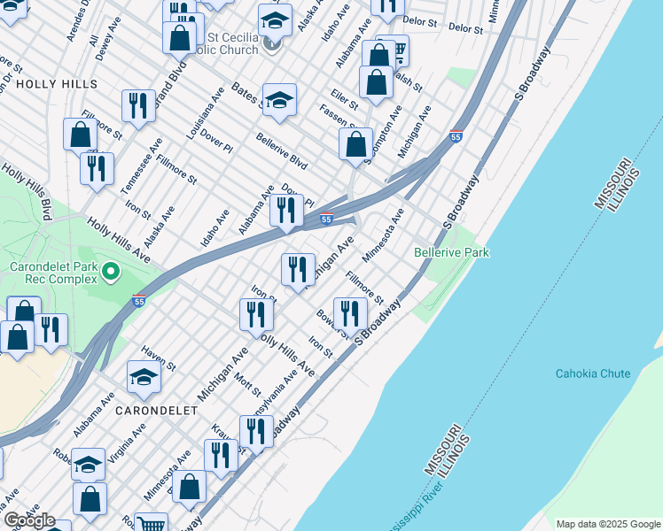 map of restaurants, bars, coffee shops, grocery stores, and more near 6004 Michigan Avenue in St. Louis
