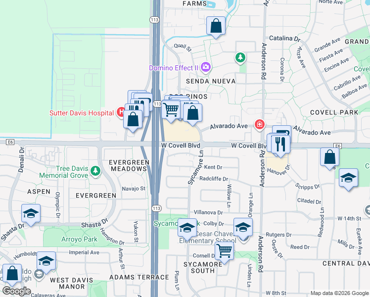 map of restaurants, bars, coffee shops, grocery stores, and more near 1341 Drake Drive in Davis