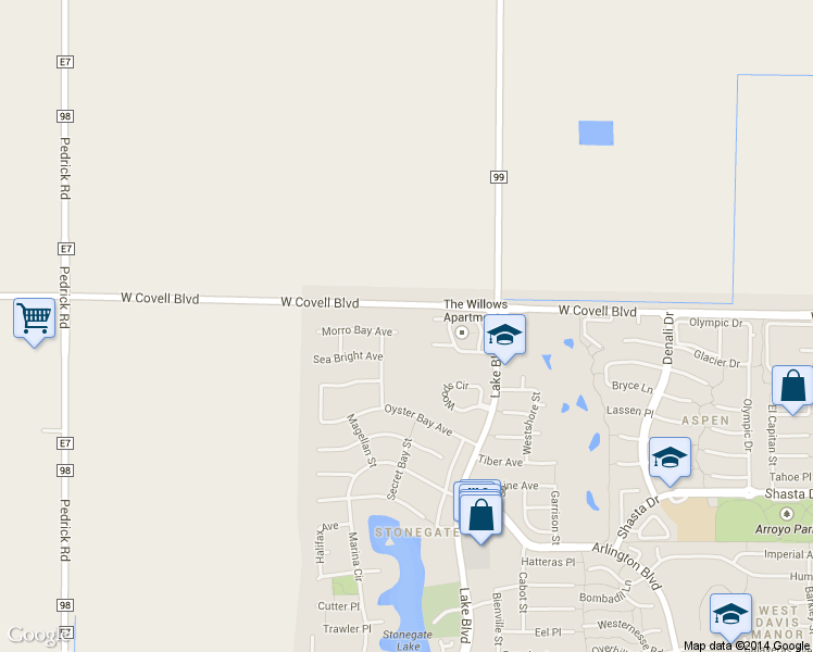 map of restaurants, bars, coffee shops, grocery stores, and more near 3203 Morro Bay Avenue in Davis