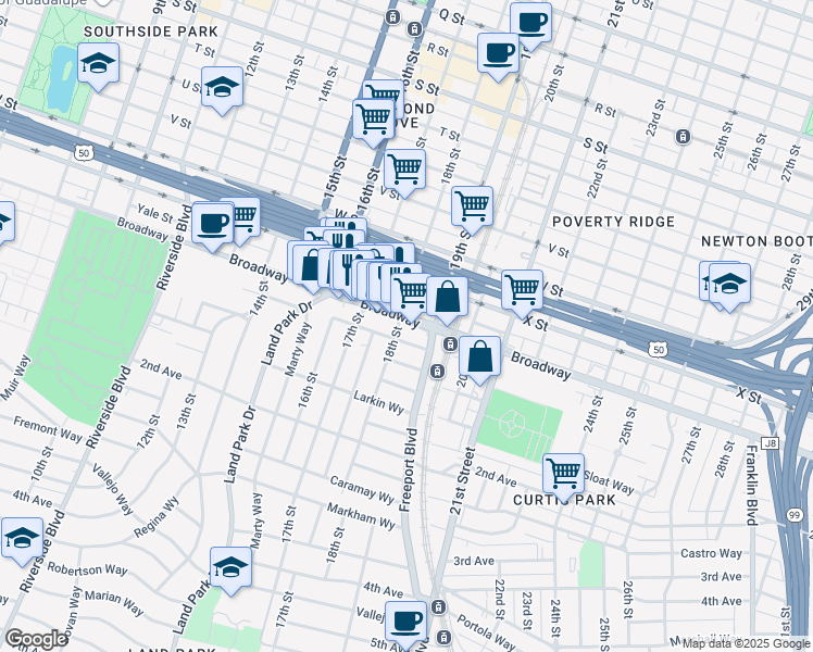 map of restaurants, bars, coffee shops, grocery stores, and more near 1804 Broadway in Sacramento