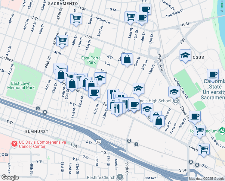 map of restaurants, bars, coffee shops, grocery stores, and more near 1368 55th Street in Sacramento