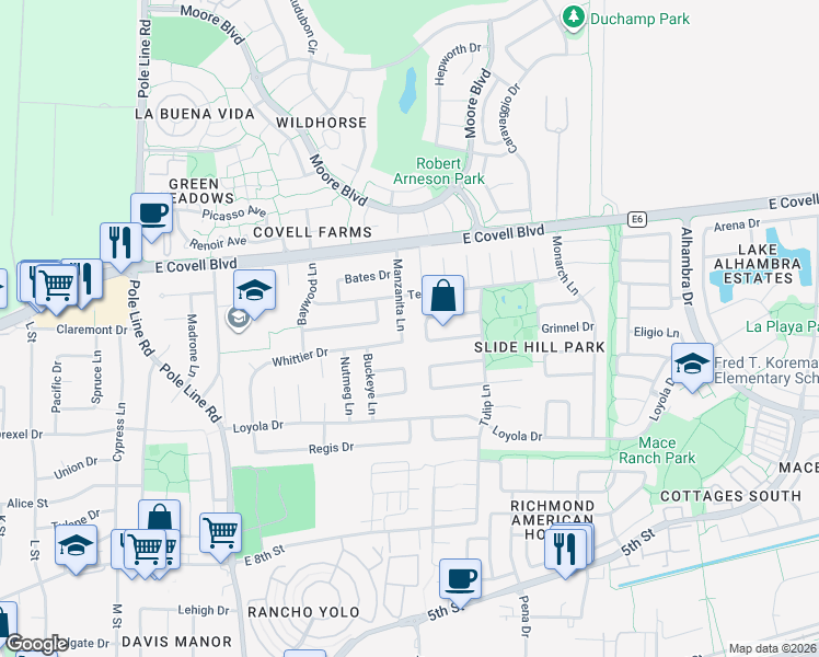 map of restaurants, bars, coffee shops, grocery stores, and more near 1518 Manzanita Lane in Davis