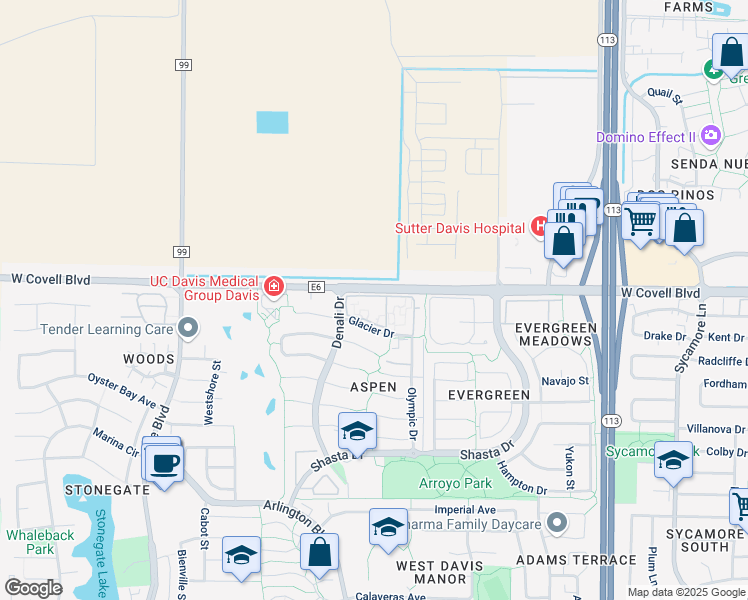 map of restaurants, bars, coffee shops, grocery stores, and more near 5 Olympic Drive in Davis