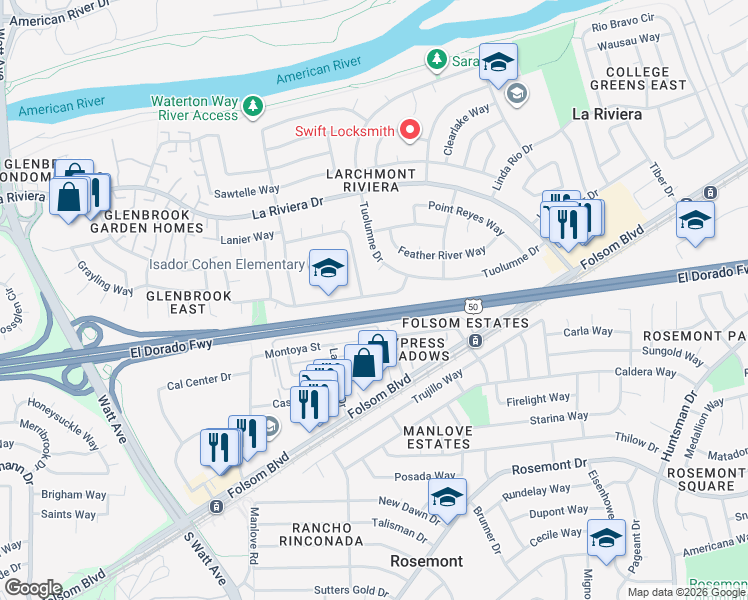 map of restaurants, bars, coffee shops, grocery stores, and more near 9070 Salmon Falls Drive in Sacramento