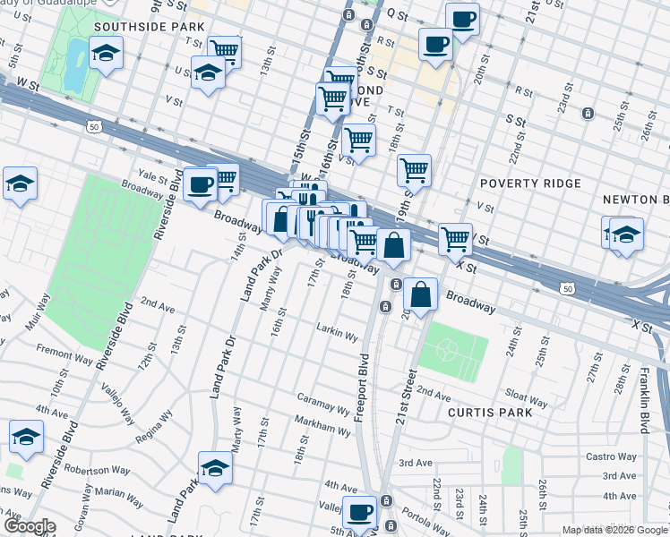 map of restaurants, bars, coffee shops, grocery stores, and more near 1717 Burnett Way in Sacramento