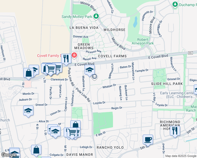 map of restaurants, bars, coffee shops, grocery stores, and more near 1600 Birch Lane in Davis