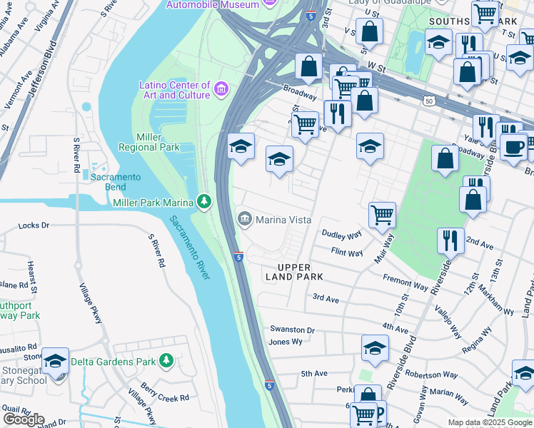 map of restaurants, bars, coffee shops, grocery stores, and more near 30-90 Seavey Cir in Sacramento