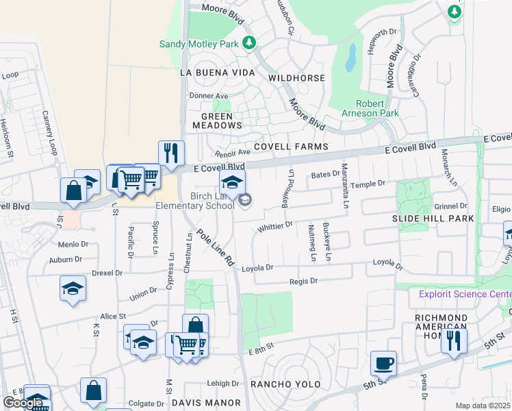 map of restaurants, bars, coffee shops, grocery stores, and more near 1600 Birch Lane in Davis