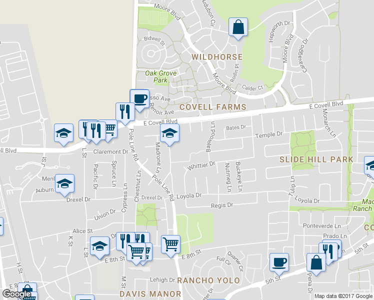 map of restaurants, bars, coffee shops, grocery stores, and more near 1600 Birch Lane in Davis