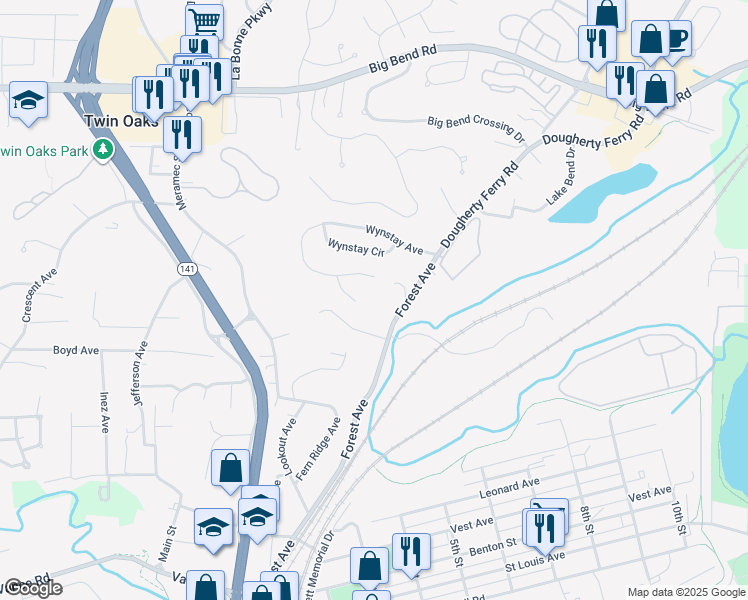 map of restaurants, bars, coffee shops, grocery stores, and more near 806 Oak Avenue in Valley Park
