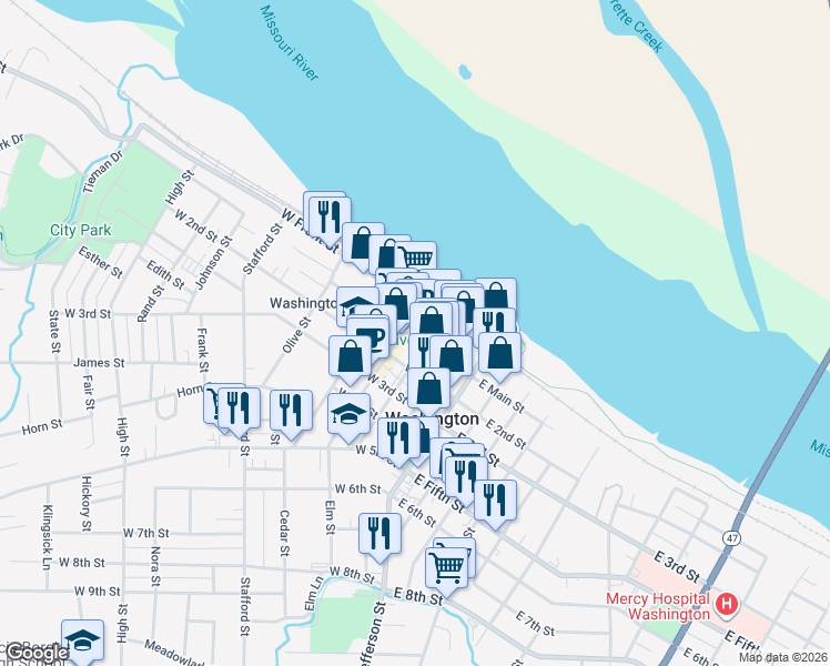 map of restaurants, bars, coffee shops, grocery stores, and more near 203 West Main Street in Washington