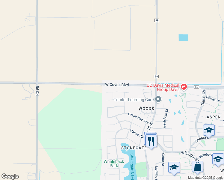 map of restaurants, bars, coffee shops, grocery stores, and more near 3403 Morro Bay Avenue in Davis