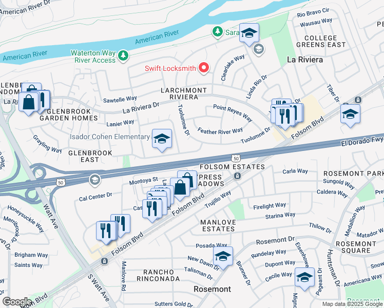 map of restaurants, bars, coffee shops, grocery stores, and more near 9076 Salmon Falls Drive in Sacramento