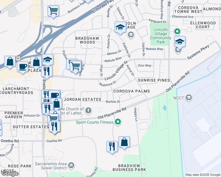 map of restaurants, bars, coffee shops, grocery stores, and more near 3669 Scorpio Drive in Sacramento