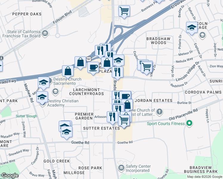 map of restaurants, bars, coffee shops, grocery stores, and more near 3427 Duzel Rock Place in Sacramento