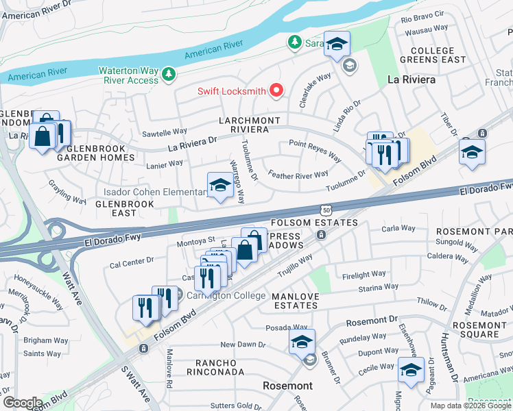 map of restaurants, bars, coffee shops, grocery stores, and more near 9072 Salmon Falls Drive in Sacramento