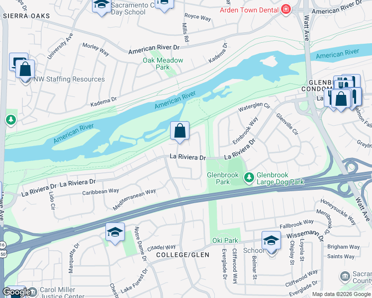 map of restaurants, bars, coffee shops, grocery stores, and more near 8425 La Riviera Drive in Sacramento