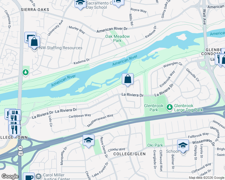 map of restaurants, bars, coffee shops, grocery stores, and more near 8379 La Riviera Drive in Sacramento
