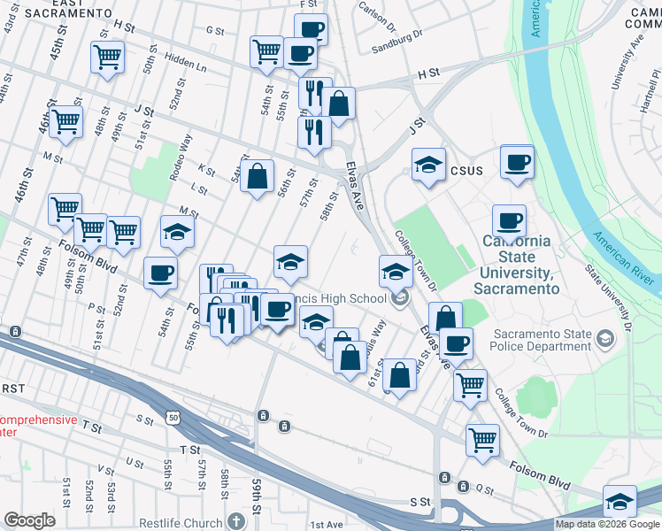 map of restaurants, bars, coffee shops, grocery stores, and more near 1215 Janey Way in Sacramento