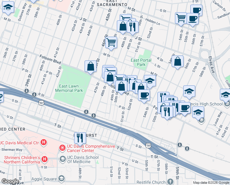 map of restaurants, bars, coffee shops, grocery stores, and more near 1532 49th St in Sacramento