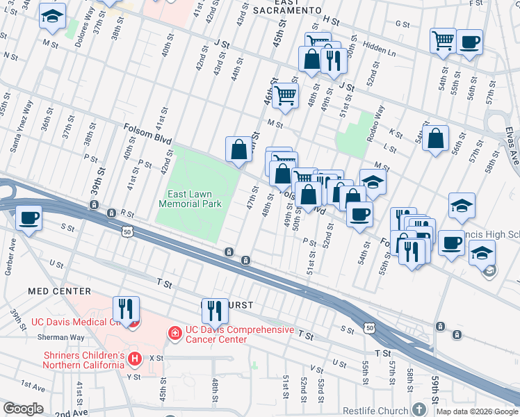 map of restaurants, bars, coffee shops, grocery stores, and more near 1544 48th Street in Sacramento
