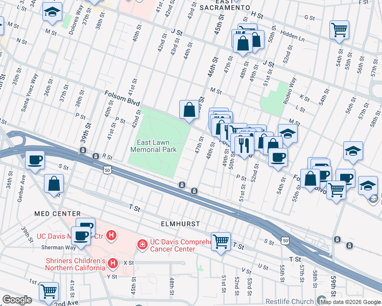 map of restaurants, bars, coffee shops, grocery stores, and more near 4609 Buckingham Way in Sacramento