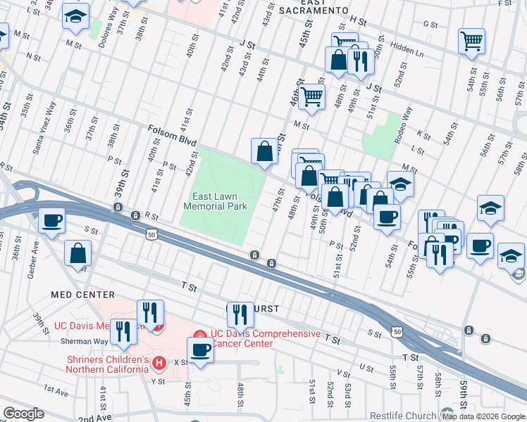 map of restaurants, bars, coffee shops, grocery stores, and more near 4609 Buckingham Way in Sacramento