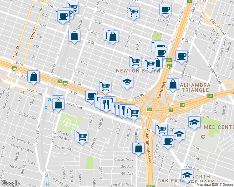 map of restaurants, bars, coffee shops, grocery stores, and more near 2507 W Street in Sacramento