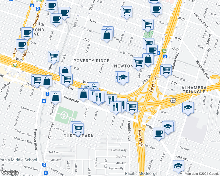 map of restaurants, bars, coffee shops, grocery stores, and more near 2507 W Street in Sacramento