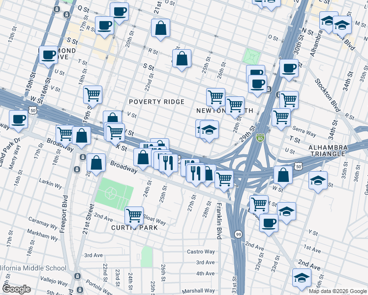 map of restaurants, bars, coffee shops, grocery stores, and more near 2507 W Street in Sacramento