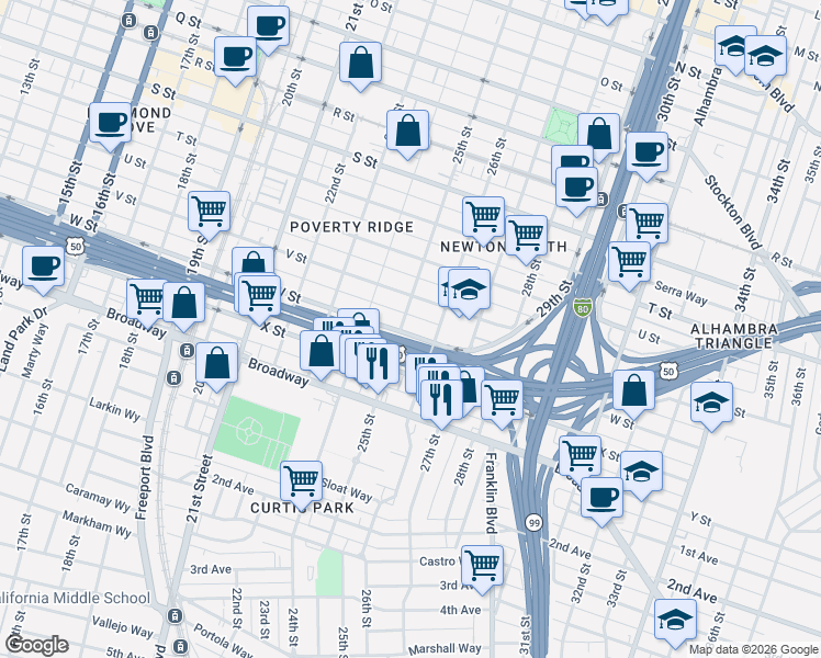 map of restaurants, bars, coffee shops, grocery stores, and more near 2507 W Street in Sacramento