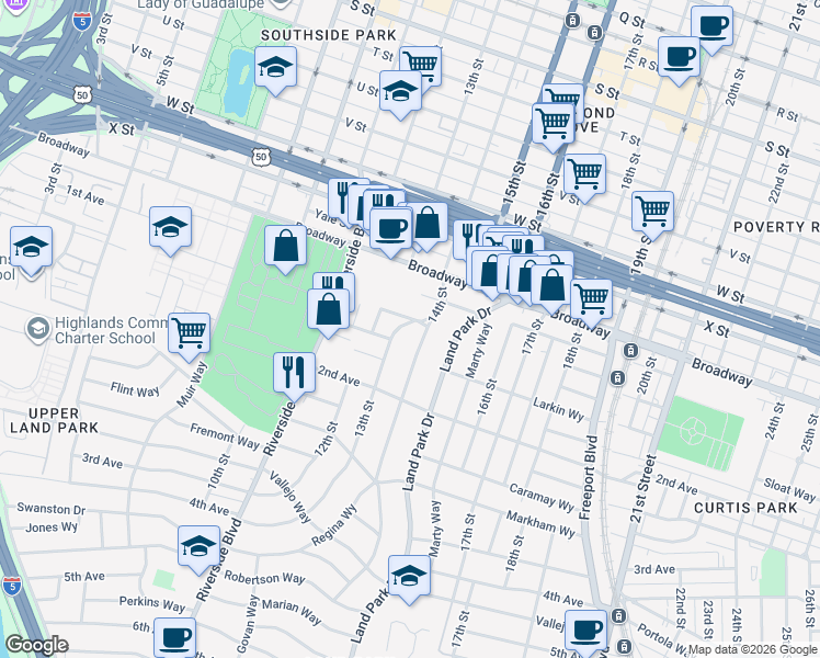 map of restaurants, bars, coffee shops, grocery stores, and more near in Sacramento