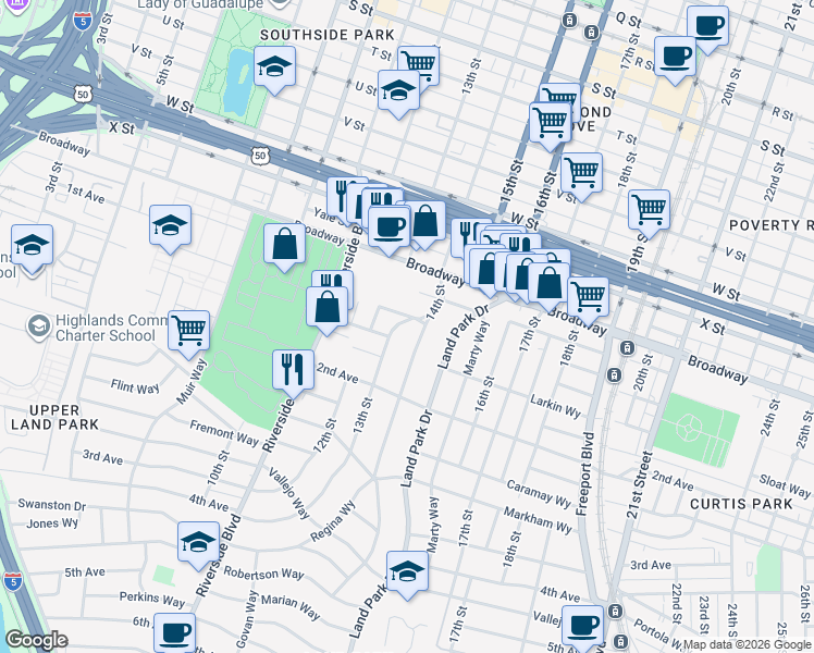 map of restaurants, bars, coffee shops, grocery stores, and more near in Sacramento
