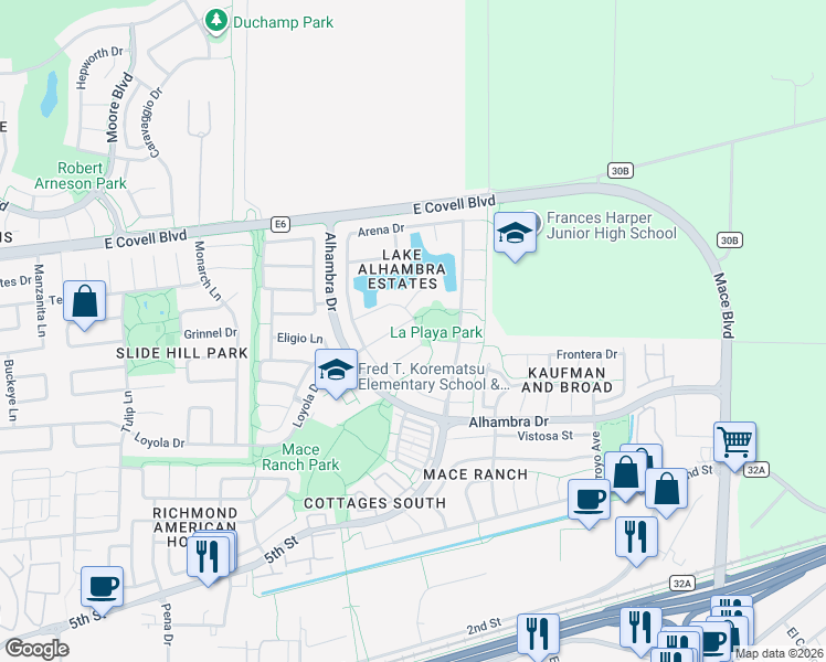 map of restaurants, bars, coffee shops, grocery stores, and more near 3237 Conquistador Way in Davis