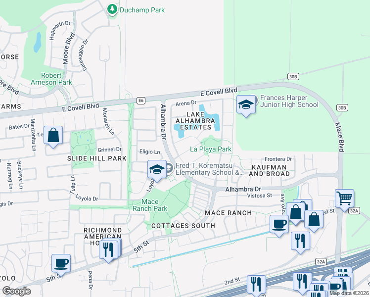 map of restaurants, bars, coffee shops, grocery stores, and more near 3237 Conquistador Way in Davis