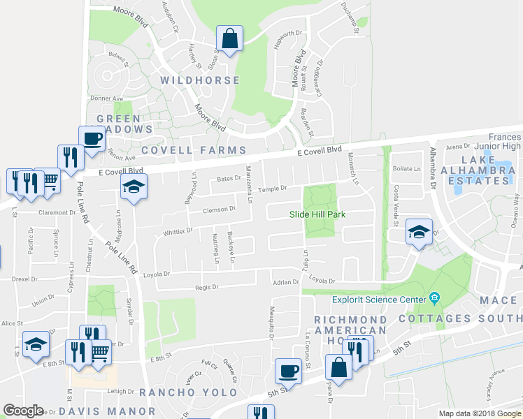 map of restaurants, bars, coffee shops, grocery stores, and more near 1518 Manzanita Lane in Davis