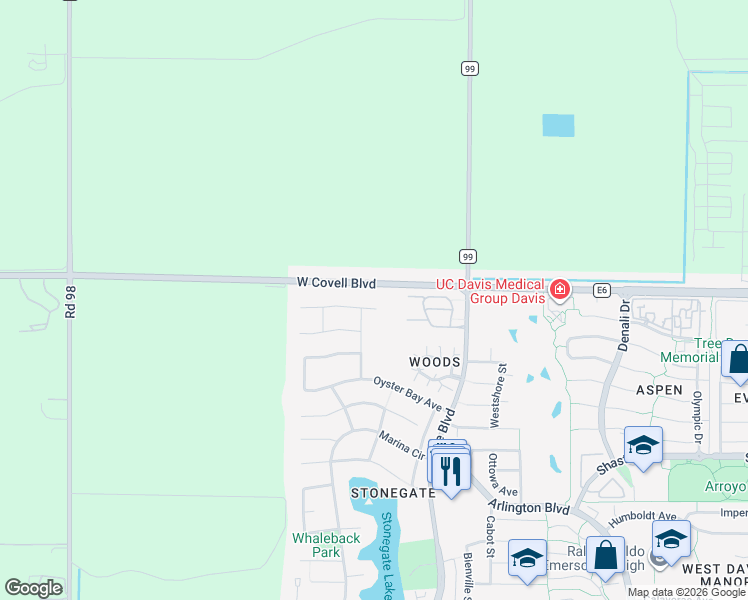 map of restaurants, bars, coffee shops, grocery stores, and more near 3203 Morro Bay Avenue in Davis