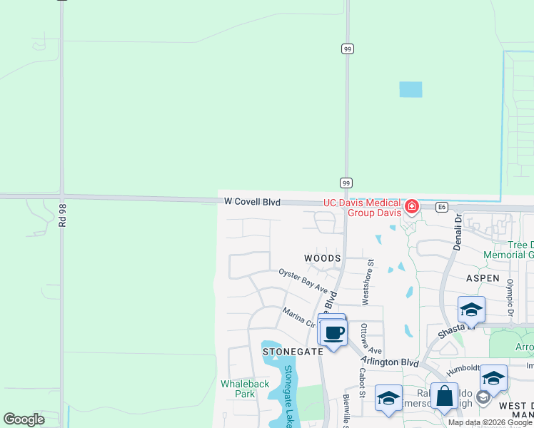 map of restaurants, bars, coffee shops, grocery stores, and more near 3307 Morro Bay Avenue in Davis