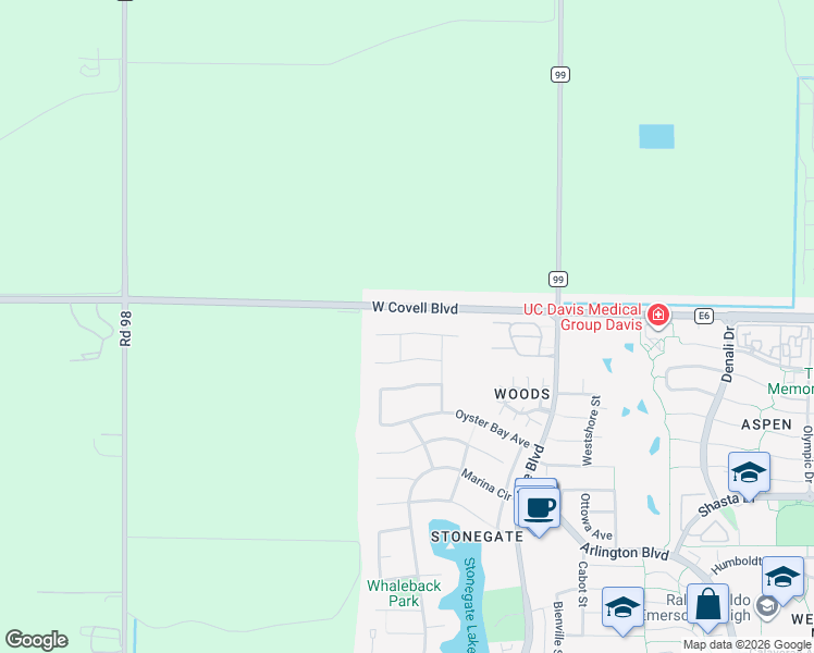 map of restaurants, bars, coffee shops, grocery stores, and more near 3403 Morro Bay Avenue in Davis