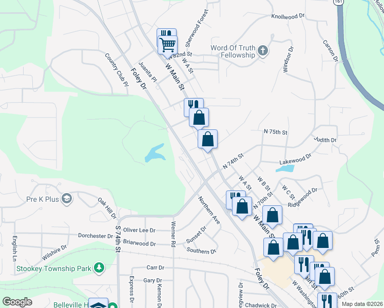 map of restaurants, bars, coffee shops, grocery stores, and more near 21 South 75th Street in Belleville