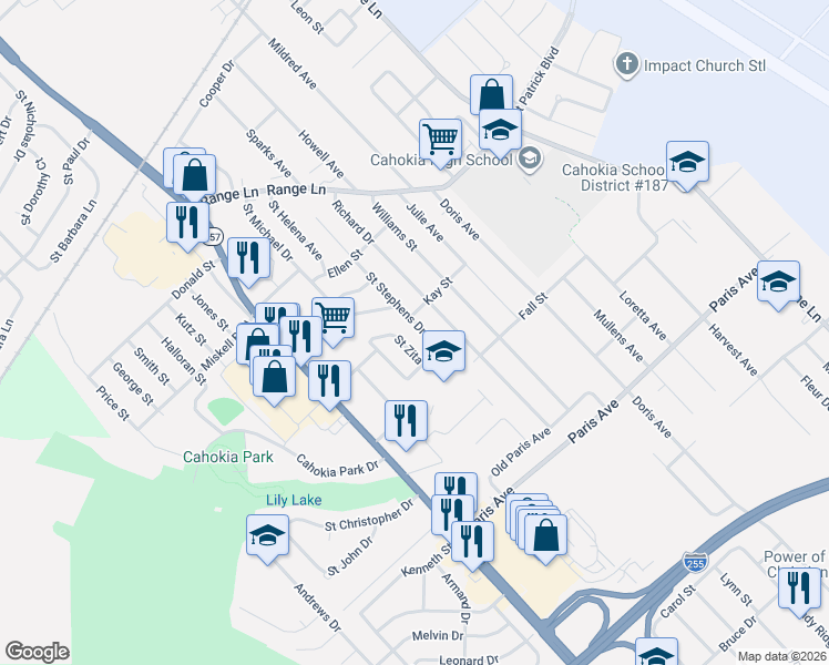 map of restaurants, bars, coffee shops, grocery stores, and more near 1304 Upper Cahokia Road in Cahokia
