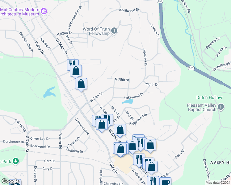 map of restaurants, bars, coffee shops, grocery stores, and more near 7313 West C Street in Belleville