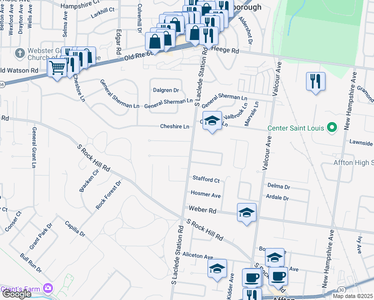 map of restaurants, bars, coffee shops, grocery stores, and more near 7315 Idamor Lane in Affton