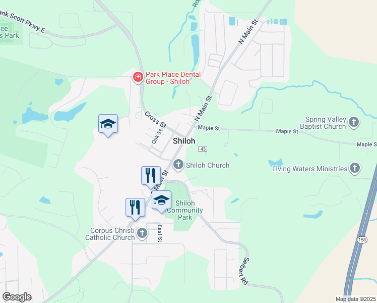 map of restaurants, bars, coffee shops, grocery stores, and more near 124 South Main Street in Shiloh