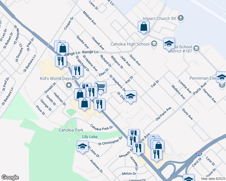 map of restaurants, bars, coffee shops, grocery stores, and more near 1307 Saint Zita in Cahokia