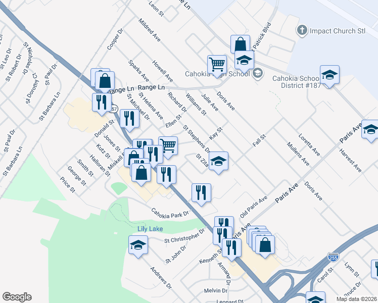 map of restaurants, bars, coffee shops, grocery stores, and more near 1312 Saint Zita in Cahokia